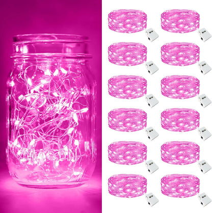 Btfarm Pink Fairy Lights - 12 Pack Battery Operated Twinkle String Lights | 7ft Waterproof for Weddings & Decor