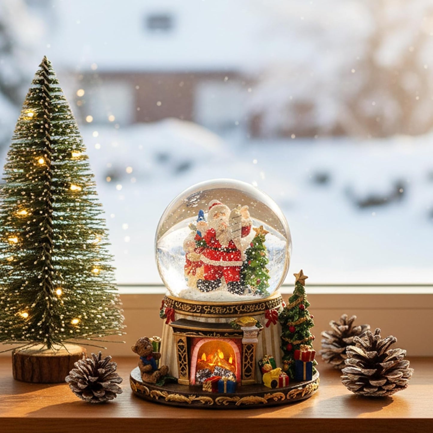 **Regine Switzerland Musical Snow Globe | Santa Claus Fireplace with Automatic Snowfall & 8 Christmas Tunes**
