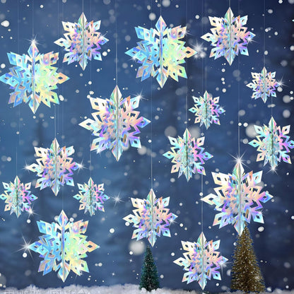 OuMuaMua Christmas Snowflake Decorations - 15pcs 3D Iridescent Holographic Snowflakes for Holiday Decor
