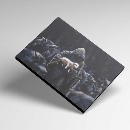 Jesus Saves - Protecting Lamb from Wolves Art | Christian Wall Decor Canvas Print 16"x24"