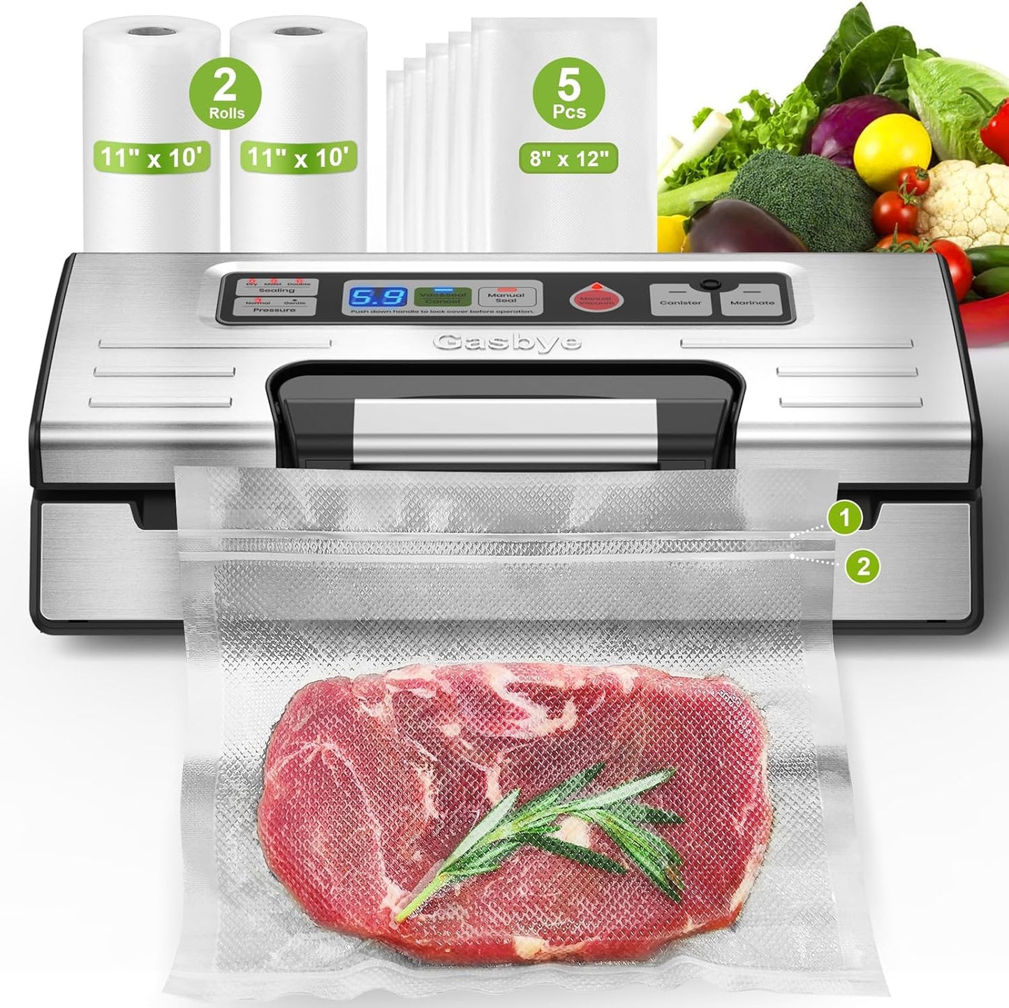 Precision Vacuum Sealer Machine by [Brand Name] - Double Heat Seal for Dry & Moist Food, Easy-Lock Handle, Built-in Bag Storage, Silver