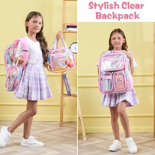 Fimibuke Clear Backpack - Heavy Duty PVC Transparent Bookbag for Girls | Includes Lunch Box & Pencil Case