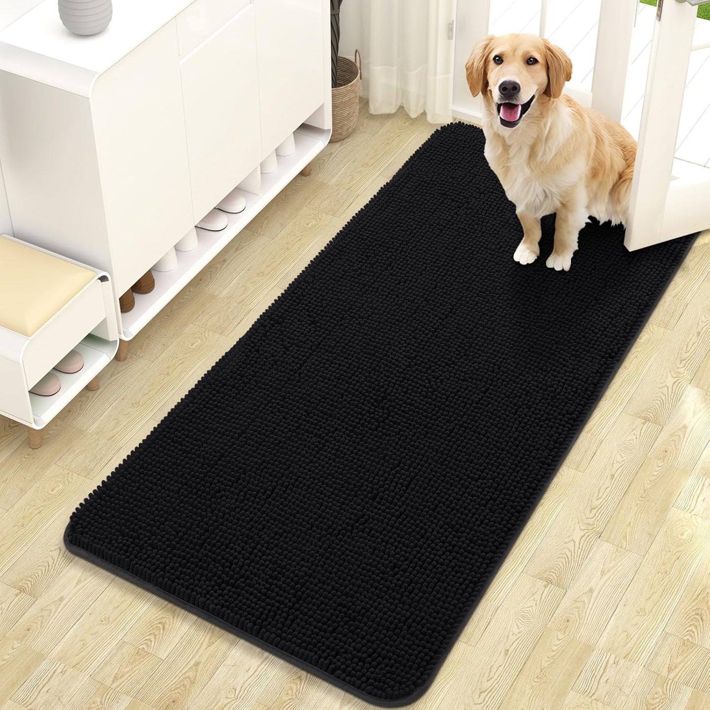 OLANLY Dog Door Mat - Absorbent Non-Slip Chenille Mat for Muddy Paws | 47x24 Black Quick Dry Doormat