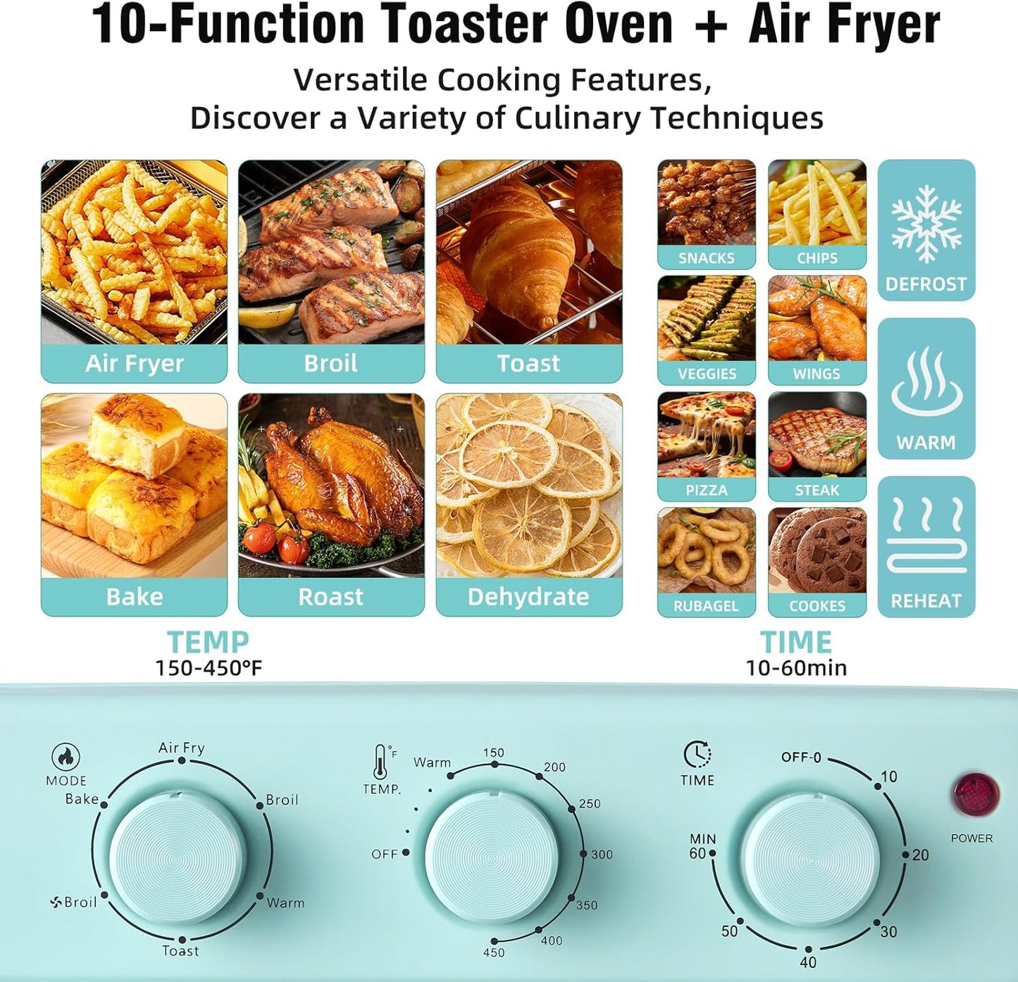 Novaspark Air Fryer Toaster Oven - Retro 16QT Convection Oven | Bake, Toast, Broil & Air Fry - Blue