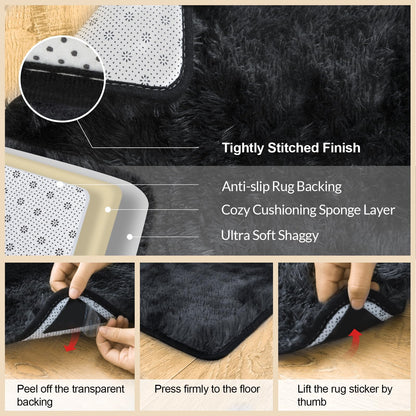 Mugorn 5x7 Rugs for Living Room, Large Fluffy Area Rugs for Bedroom, Soft Carpet Shag Kids Rug with 4 Non-Slip Rug Pads (Black Grey Tie-Dyed, 5ft x 7ft)