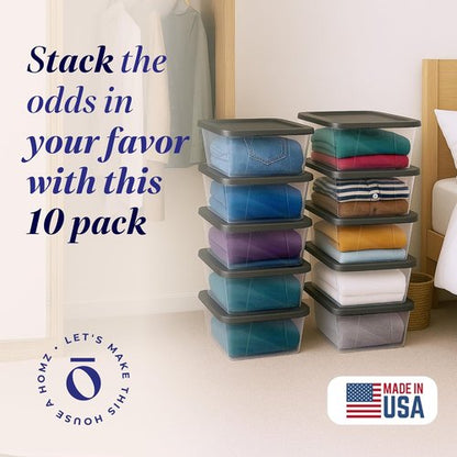 HOMZ 10-Pack Snaplock Storage Bins - Clear Plastic Organizer Containers with Lids, 6 Quart, Gray | Stackable for Home & Office