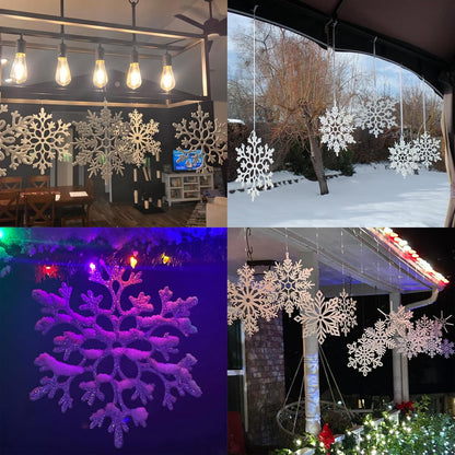 Skiennix 12 PCS Large Snowflake Ornaments - Glittering Winter Decor for Indoor/Outdoor Trees (White/Blue)