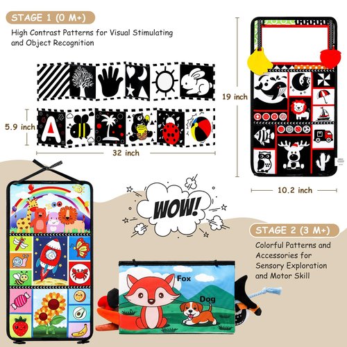 3PCS High Contrast Black & White Baby Toys - Tummy Time Mirror Infant Toys with Crinkle Cloth and Teether, Visual Stimulation Sensory Books for Newborns 0 3 6 12 Months, Shower Gift, Stocking Stuffers