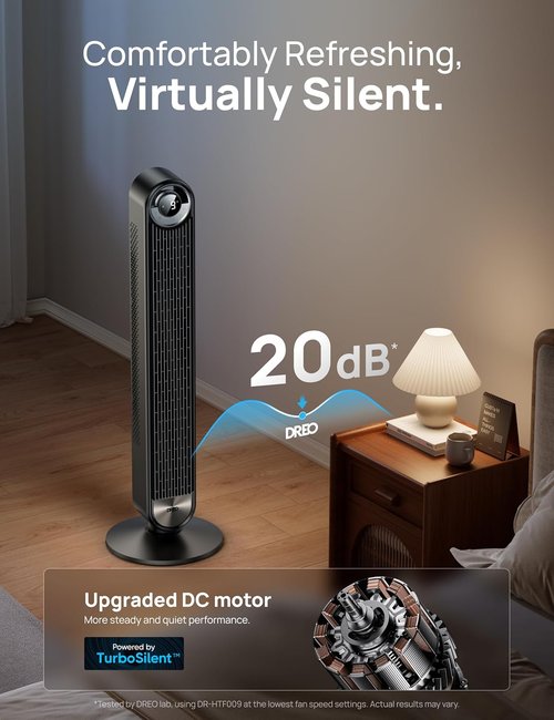 DREO Tower Fan - Ultra-Quiet 9-Speed Bladeless Floor Fan | 90° Oscillation & 12-Hour Timer