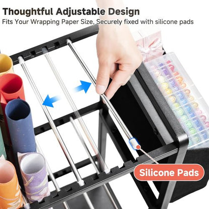 Aquzee Gift Wrapping Paper Organizer - Vertical Storage Cart with 9 Adjustable Rods & 12 PCS Slap Bands - Black