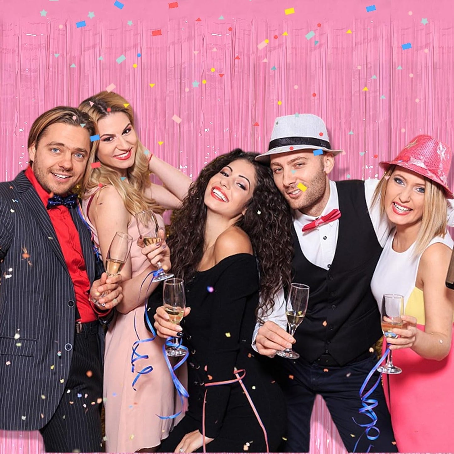 Skiennix 5 Pack Pink Tinsel Curtain - Foil Fringe Backdrop for Birthday & Graduation Parties