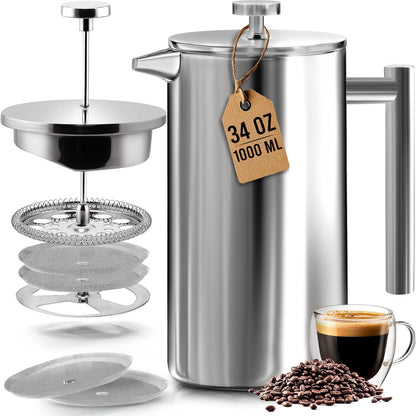 Utopia Kitchen 34 Oz Stainless Steel French Press Coffee Maker - Double Wall Insulated, 4-Level Filtration, Rust-Free, Dishwasher Safe