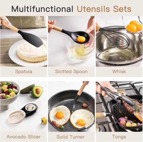 Astercook 39 PCS Kitchen Utensils Set - Heat Resistant Silicone Cooking Tools with Wooden Handles | BPA-Free & Nonstick Safe