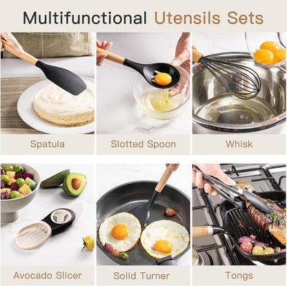 Astercook 39 PCS Kitchen Utensils Set - Heat Resistant Silicone Cooking Tools with Wooden Handles | BPA-Free & Nonstick Safe