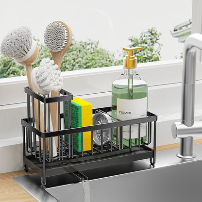 Cisily Sponge Holder for Kitchen Sink, Sink Caddy with High Brush Holder, Organzier Rustproof 304 Stainless Steel Dish Organizer Divider, Soap Dispenser Storage