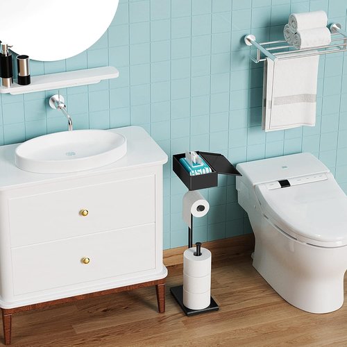 CISILY Black Toilet Paper Holder Stand - Free Standing Design with Storage Shelf | Bathroom Essential
