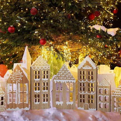 Briwooody 7-Piece Christmas Village Set - Wooden Gingerbread House Decor for Home & Office