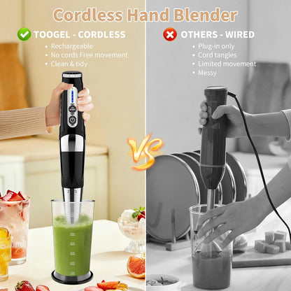 Toogel Cordless Immersion Blender - 4-in-1 Electric Hand Blender with 21-Speed & USB Rechargeable | BPA-Free, Dishwasher Safe (Black)
