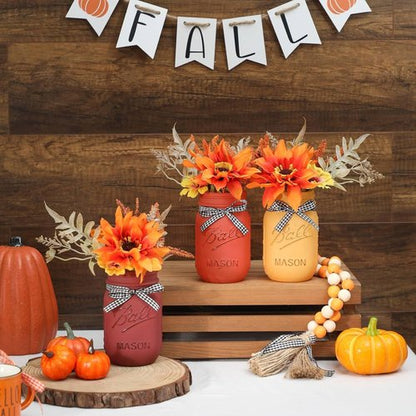 Fall Mason Jar Centerpiece | Set of 3 Decorative Jars with Artificial Flowers for Thanksgiving