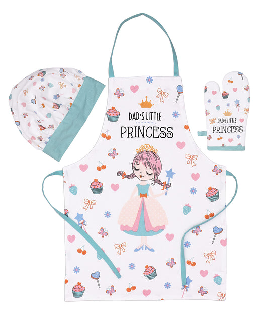 AMOUR INFINI 100% Cotton Little Princess 3-Piece Kitchen Set| Kid's Aprons, Oven Mitts, and Chef Hats|Kitchen Play,Cooking,Grilling,Baking,Thanksgiving,Christmas,Birthday Gift for Girls & Young Chefs