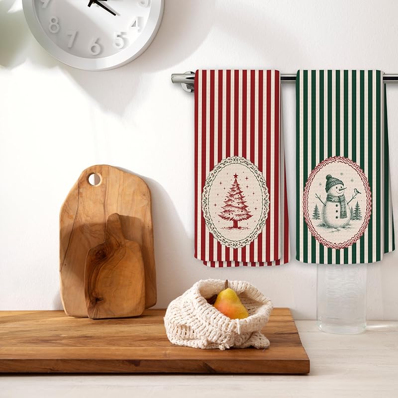 Vintage Red & Green Stripe Christmas Kitchen Towels 16x24 - Variation Christmas-75