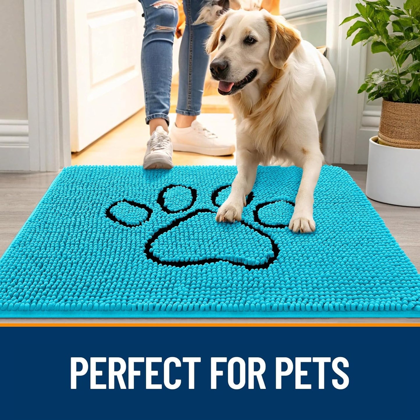 OLANLY Dog Door Mat - Absorbent Non-Slip Mud Mat for Muddy Paws | 36x24 Aqua Blue Chenille Design