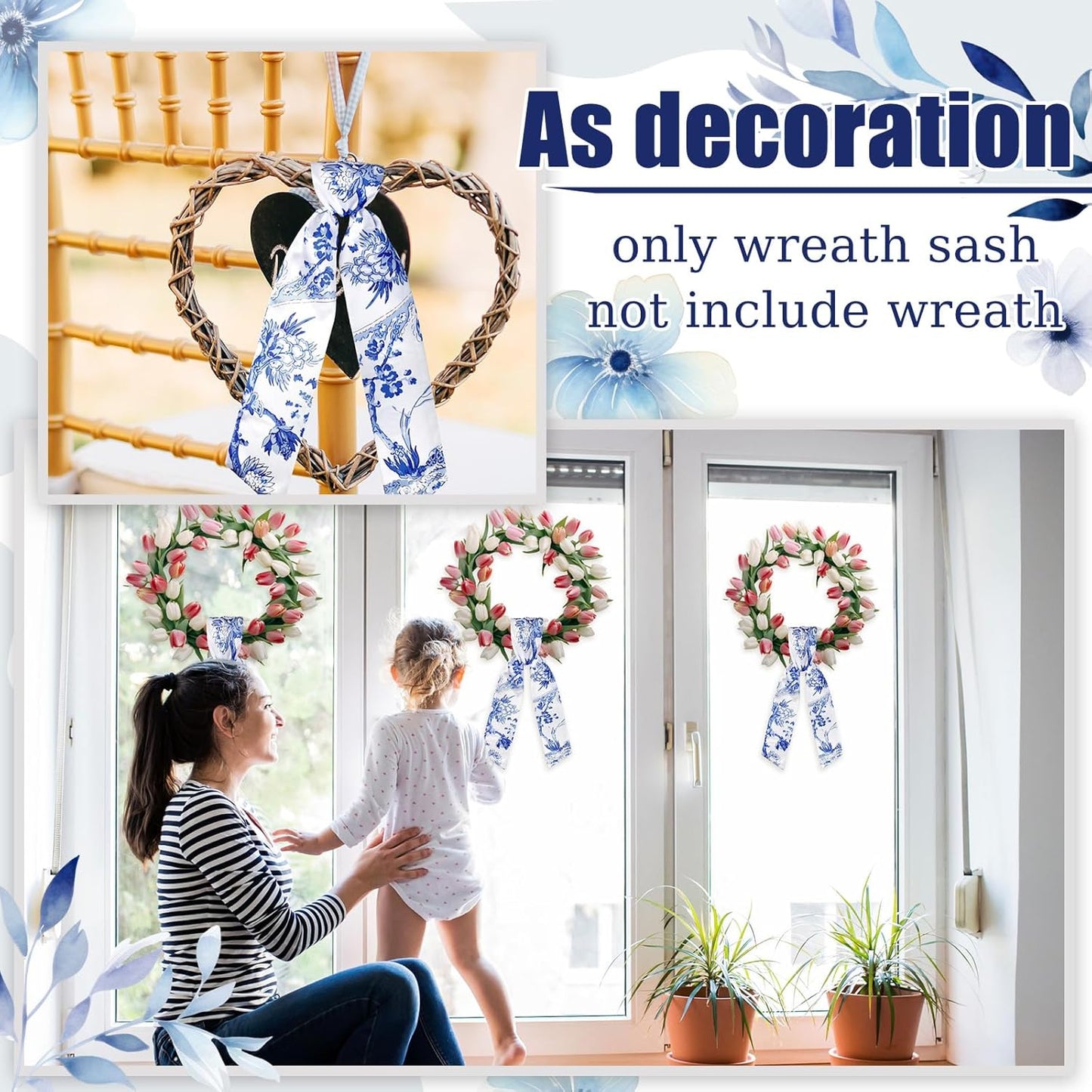 XunYee Wreath Sash Set - 6 Pcs Embroidery Monogram Decor for Indoor/Outdoor Use | Chinoiserie Design