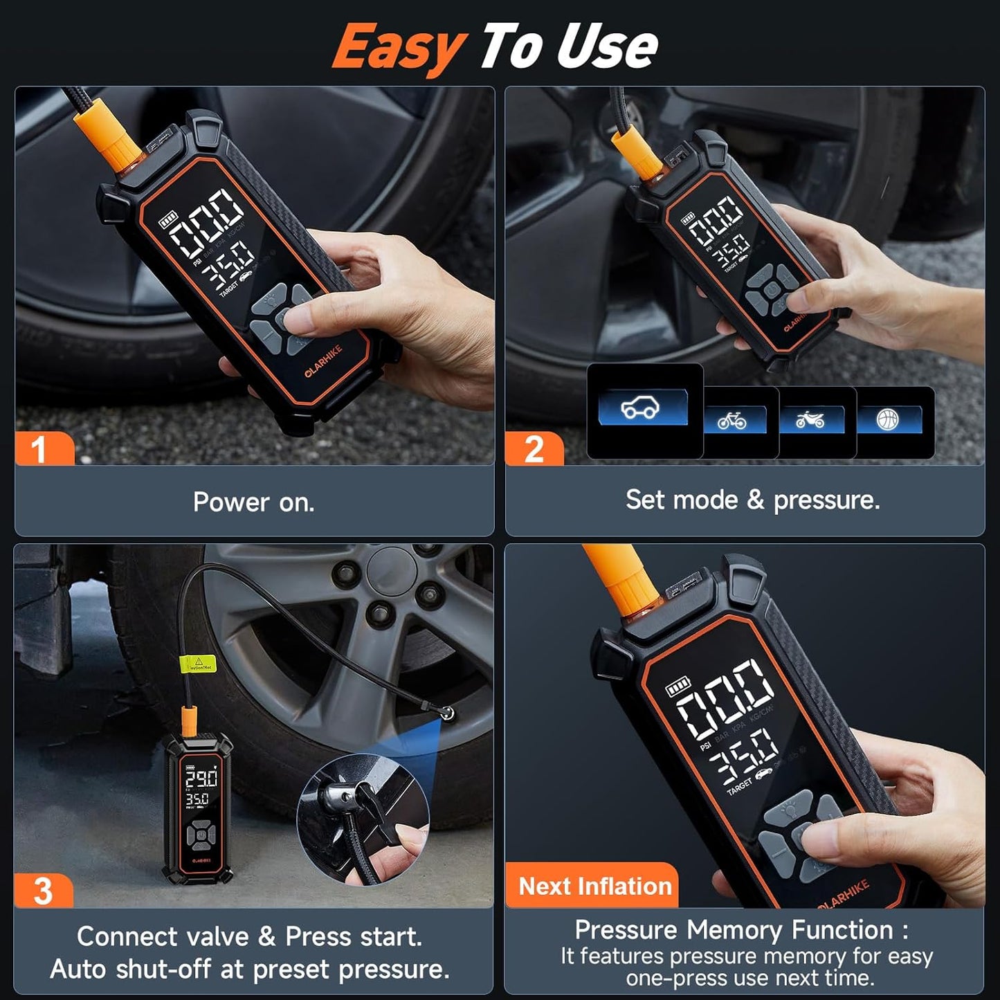 OlarHike Portable Tire Inflator - 150PSI Dual Power Air Compressor with LED & Digital Gauge | 6000mAh & 12V DC