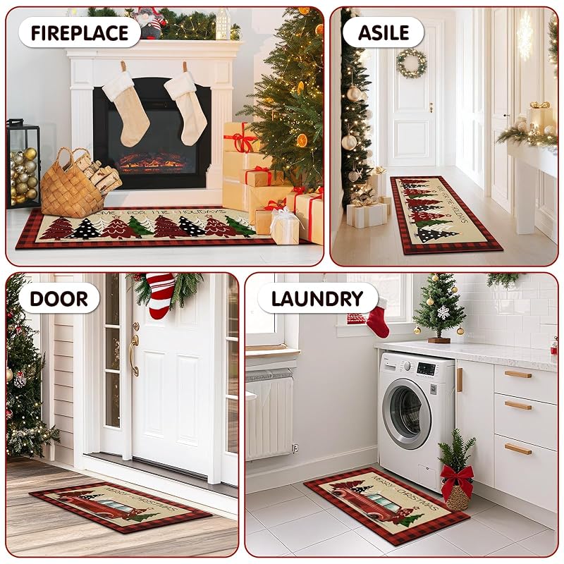 Christmas Kitchen Floor Mats 2-Pack Non-Slip 17x30 & 17x47 Red with Tree Print - Holiday Rug Set