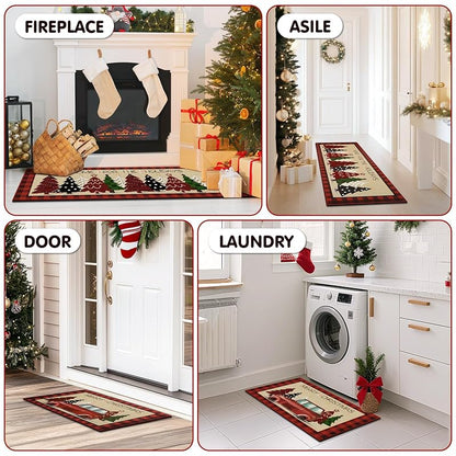 Christmas Kitchen Floor Mats 2-Pack Non-Slip 17x30 & 17x47 Red with Tree Print - Holiday Rug Set