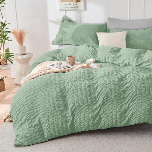 HYMOKEGE Queen Comforter Set - Luxury 7-Piece Bedding in Sage Green & Light Grey | All-Season Seersucker Design