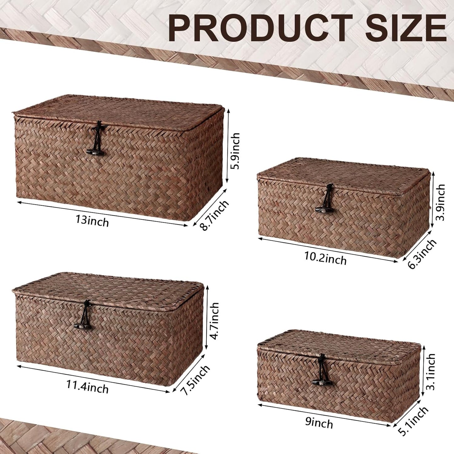 Woanger Wicker Storage Baskets Set of 4 - Handwoven Organizers with Lids for Home Office | Coffee Color