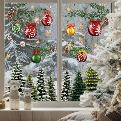 Vintage Christmas Window Cling 9 Sheets - Reusable Snow Tree Forest Decals for Home Office Classroom