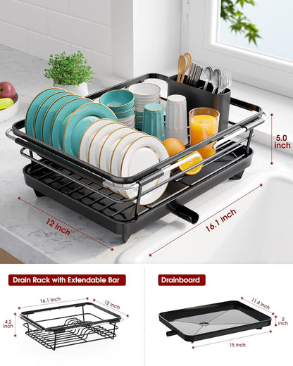 Skiennix Extendable Dish Drying Rack - Over Sink Storage with Utensil Holder | 12" W x 16.1~23" L, Black