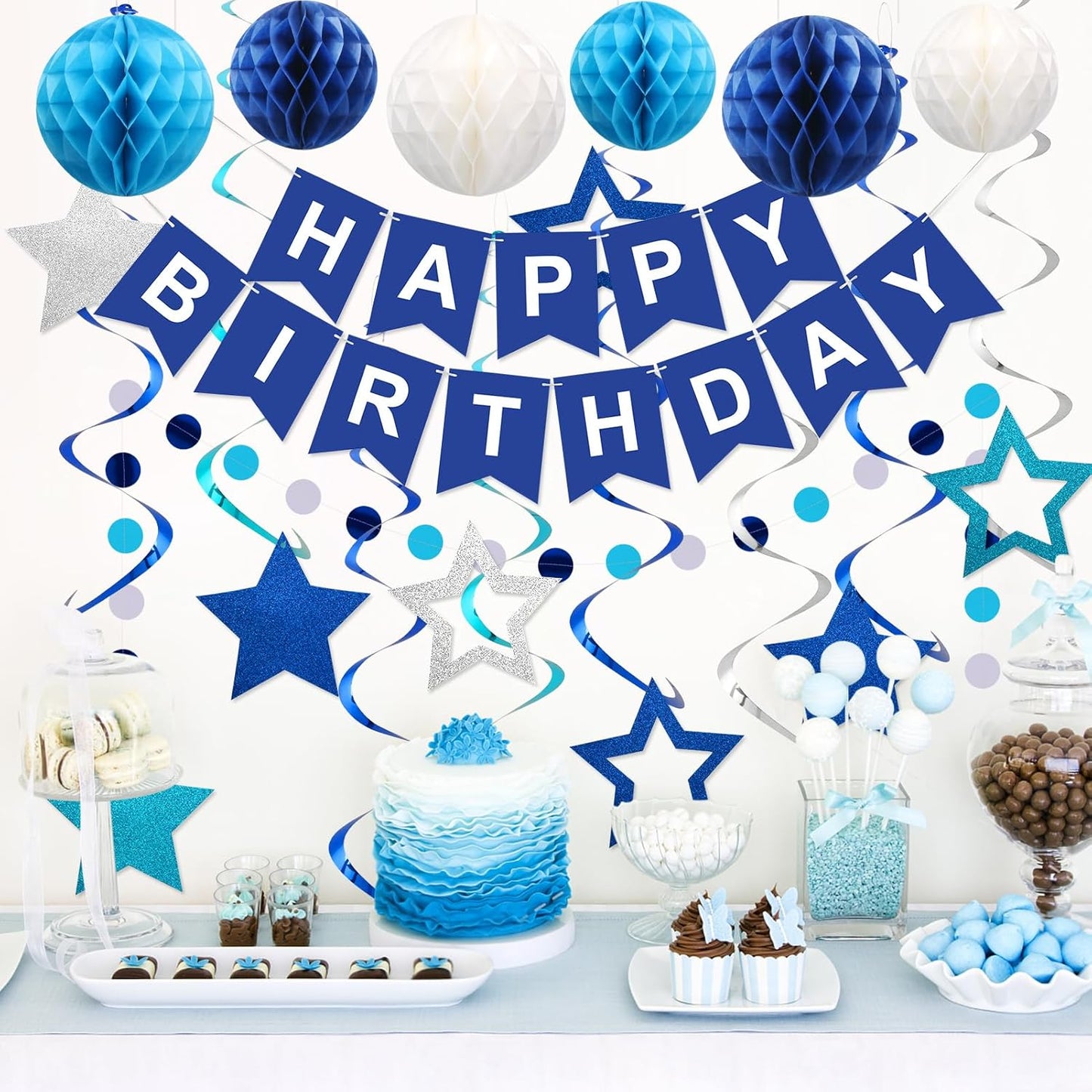 Meowtastic Birthday Decorations - Happy Birthday Banner with Honeycomb Balls & Swirl Streamers | Blue