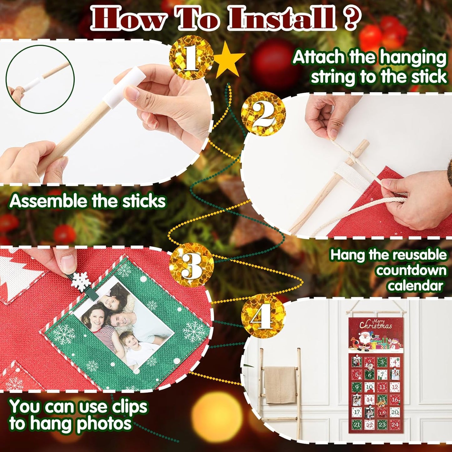 Weysat Christmas Advent Calendar - Reusable Fabric Countdown with 24 Pockets & Clips | Holiday Wall Decor