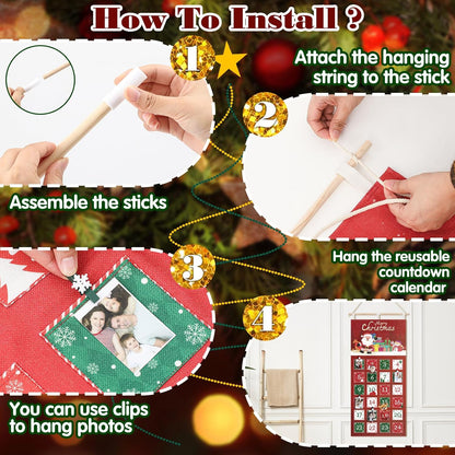 Weysat Christmas Advent Calendar - Reusable Fabric Countdown with 24 Pockets & Clips | Holiday Wall Decor
