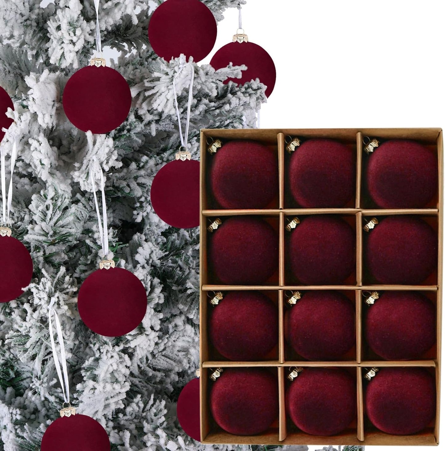 Skiennix 12PCS Velvet Christmas Tree Ornaments - Shatterproof 2.4-Inch Burgundy Balls for Holiday Decor