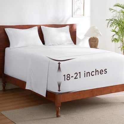 Bedsure Deep Pocket Queen Sheets Set - Soft & Cooling 4-Piece Bed Sheets for 21-Inch Mattresses | Moisture-Wicking, Easy Fit, White
