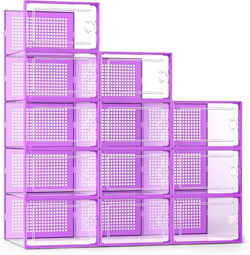 Kuject X-Large Shoe Storage Boxes - Clear Plastic Stackable 12 Pack for Sneakers & Toys | Purple