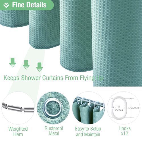 Dynamene Teal Fabric Shower Curtain for Bathroom - Waffle Weave Heavy Duty Cloth , 256GSM Hotel Luxury Weighted Polyester Bath Curtain Set with 12 Plastic Hooks,72x72, Teal/Turquoise