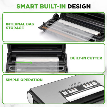 NutriChef Vacuum Sealer Machine - 80kPa Food Sealer with Cutter & Bag Storage | Includes 1 Bag Roll & 5 Vacuum Bags