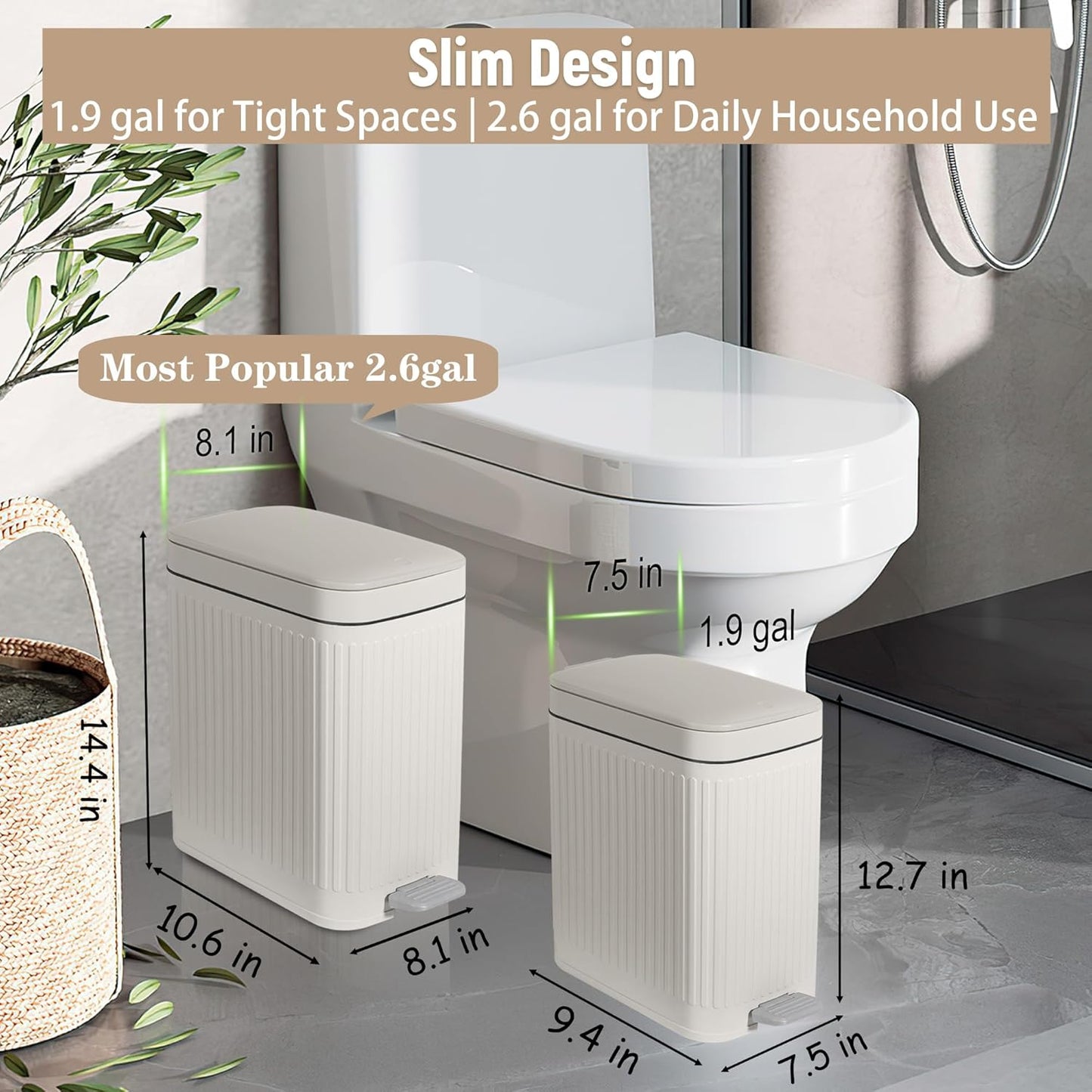 Rejomiik Small Bathroom Trash Can - Slim Soft Close Lid Wastebasket | 1.9 Gallon Cream for Office & Home