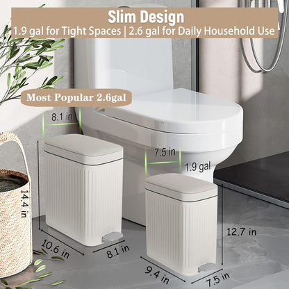 Rejomiik Small Bathroom Trash Can - Slim Soft Close Lid Wastebasket | 1.9 Gallon Cream for Office & Home