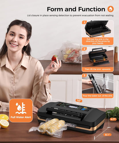 Vacuum Sealer Machine - 95kpa Commercial Food Sealer with Double Heat Seal | Easy-Lock Handle & Built-in Cutter (Black)
