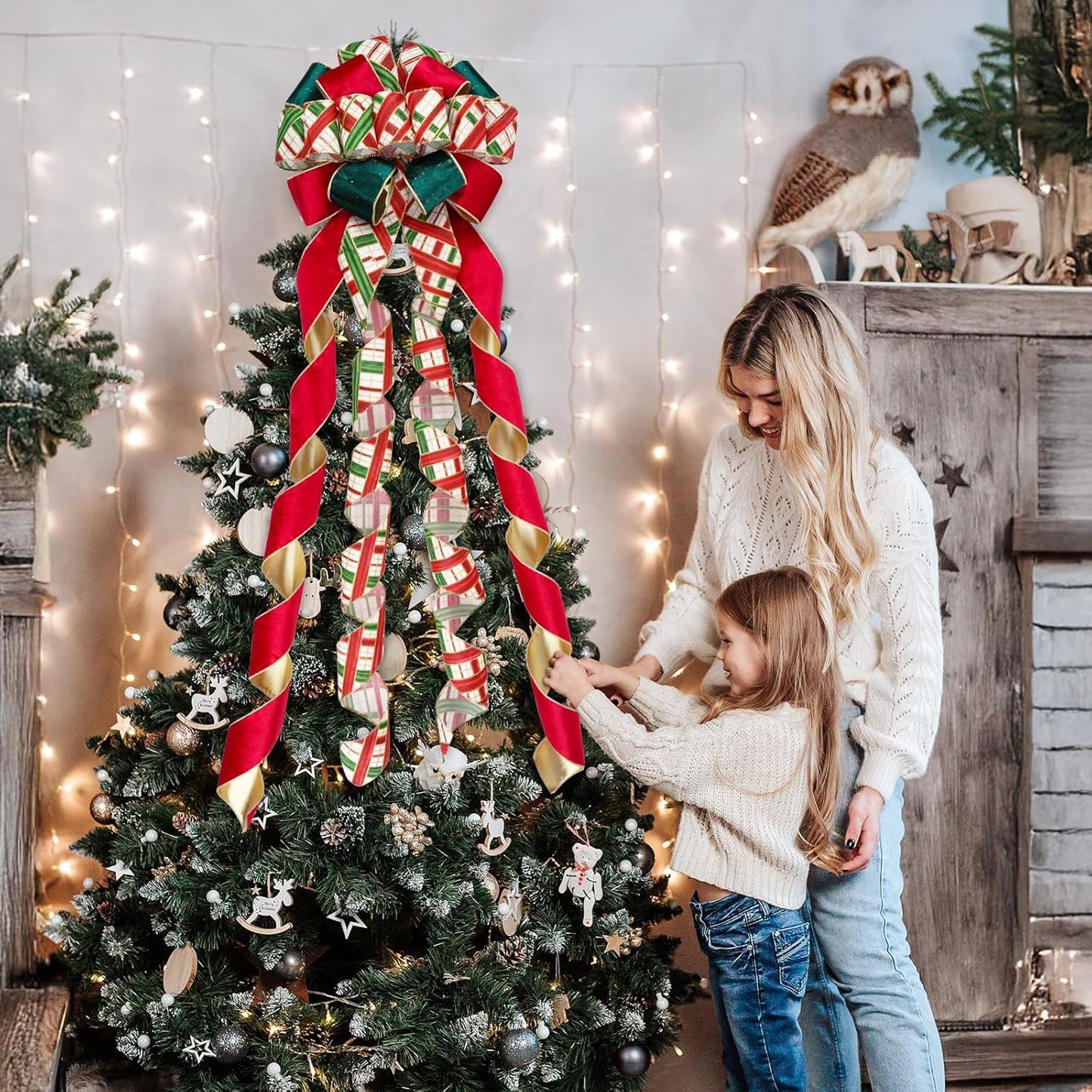 Skiennix Christmas Tree Topper Bow - 13" Large Velvet Red & Green Buffalo Plaid | Festive Holiday Decoration