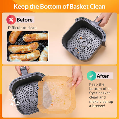 Skiennix Air Fryer Liners - 100 PCS Non-Stick Parchment Paper for Grease-Free Baking | Food Grade & Oil-Proof