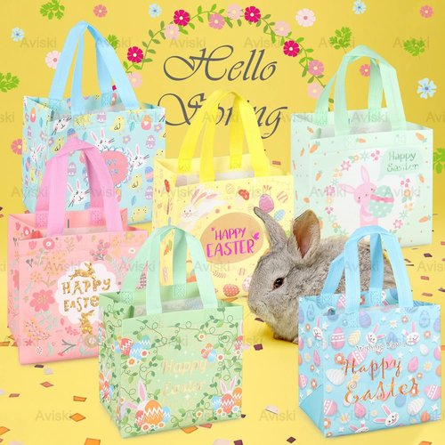 Aviski 6PCS Happy Easter Egg Hunt Bags Bunny Carrot Chick Egg Gift Bag with Handles, Easter Treat Bags, Non-Woven Gifts Wrapping, Spring Party Supplies