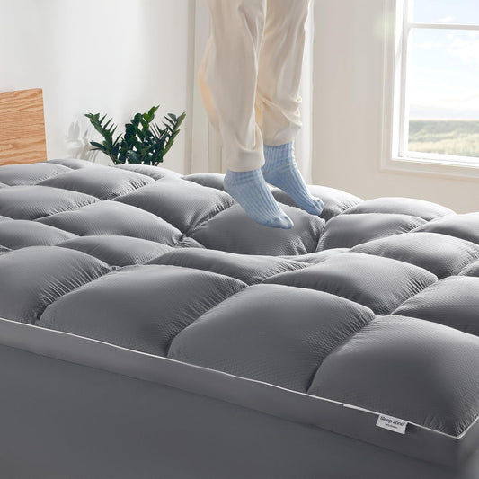 Sleep Zone Mattress Topper - Extra Thick Queen Size Fitted Pad for Back Pain Relief | Plush Grey Cover