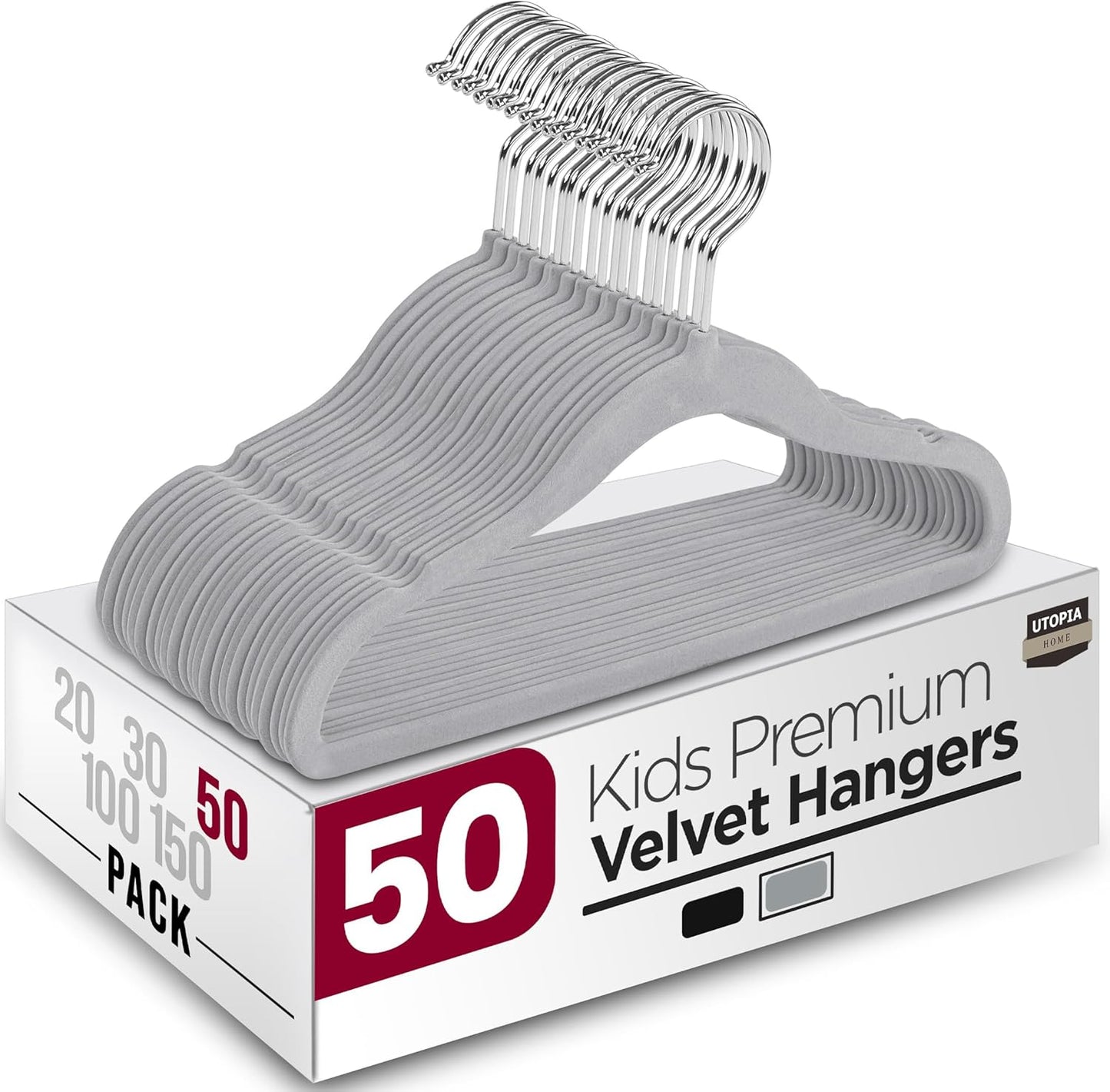 Utopia Home Velvet Hangers - 50 Pack Non-Slip 11 Inch Baby & Toddler Closet Organizers | Grey